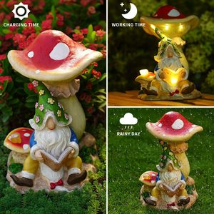 Gnome đọc dưới nấm năng lượng mặt trời bức tượng 5 LED ngoài trời Vườn tượng cho bãi cỏ sân trang trí kích thước nhỏ pin Powered - Product Image 5