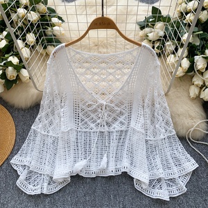 Top Bohemien Lavorato a <span class=keywords><strong>Maglia</strong></span> con Protezione Solare per Donna, Crochet Traforato, Spalline da Annodare, Vestibilità Ampia Effetto Snellente, Abbigliamento Estivo per Taglie Piccole - Product Image 1