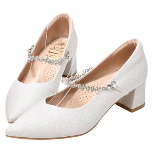 Zapatos de boda con cadena extraíble de 2 vías, zapatos de novia con tacón de bloque, decoración de diamantes de imitación de 5cm de altura, tipo de cierre sin cordones para fiestas - Product Image 2