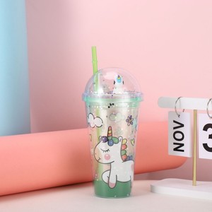 Lovely 450ml Rainbow Mane Unicorn Themed Double Wall Plastic Straw Tumbler with <b>Decorative</b> Silver Sequin Filled Dome <b>Lid</b> - Product Image 2