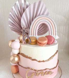 Topper de pastel de <span class=keywords><strong>cumpleaños</strong></span> de arcoíris bohemio, cuerda de algodón tejida <span class=keywords><strong>a</strong></span> <span class=keywords><strong>mano</strong></span>, Topper para hornear pasteles de fiesta - Product Image 4