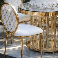 Table de banquet de luxe en verre rond doré et acier inoxydable durable pour extérieur, hôtel, salle à manger, table à gâteau de mariage, mobilier d'hôtel