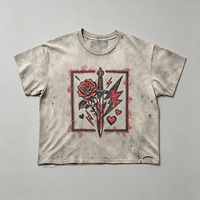 T-shirt Streetwear Dirty Spray pour Homme, motif Rose Dagger, délavage vintage, coton épais, détails usés