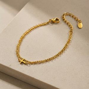 Pulsera de Cruz de Doble Capa de Acero Inoxidable 316L y Oro de 18K para Mujer, <span class=keywords><strong>Cadena</strong></span> con Cuentas y Cruz Lateral, Joyería Impermeable, Regalo - Product Image 5