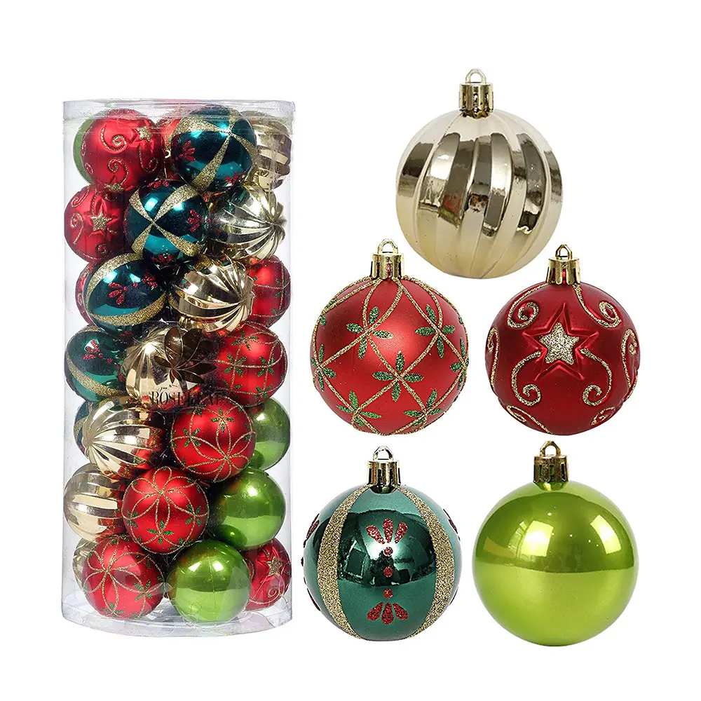 30 Stück Gold Rot Grün Glitzer handbemalt Farbmix bruchsicher Ball-Ornament-Set 6 cm Weihnachtsbaum-Dekorationskugeln