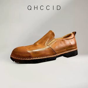 Qhccid Mocasines de cuero de caballo lavado para hombre, zapatos informales sin cordones, tacón bajo, color ámbar, negro, hilo de coser de color sólido - Product Image 3
