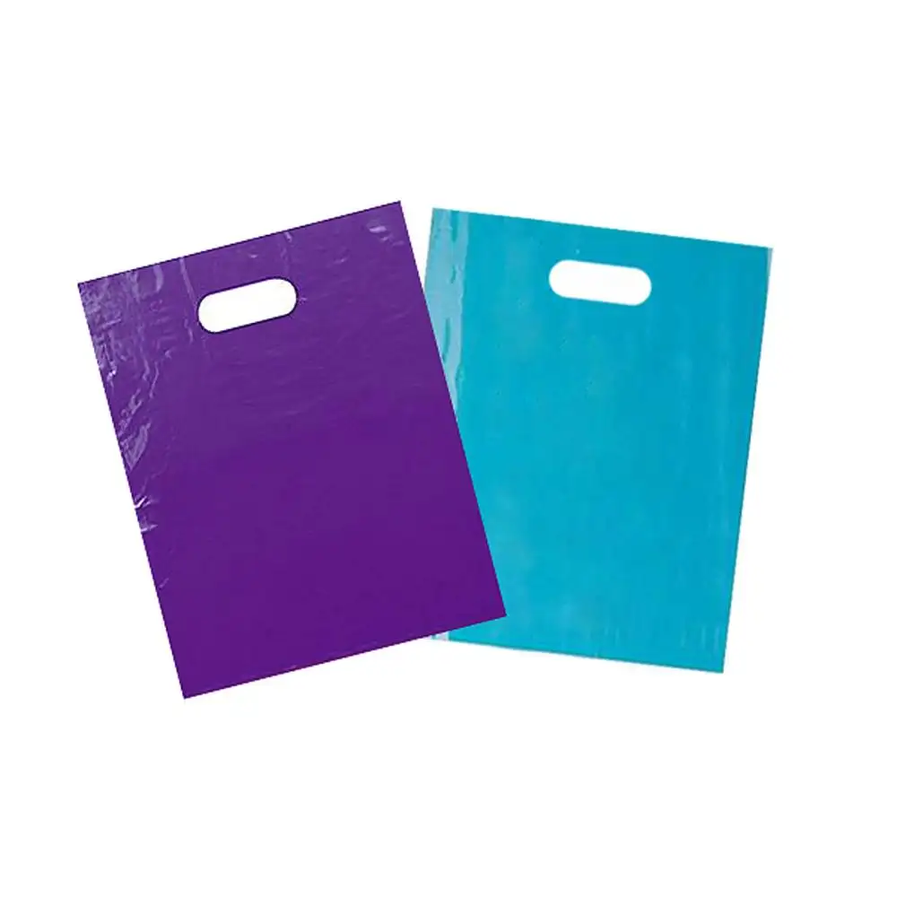 Plastic merchandise bags die cut handles retail shopping bags perfect for small shops stores trade shows garage sales and events