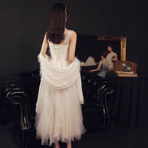 Champagne Evening Gown Women V-Neck Empire Waist A-Line 3D Floral Tulle <b>Dress</b> <b>For</b> Birthday Party <b>Dance</b> Bridesmaid - Product Image 4