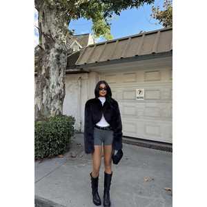 Long Black Faux Fur <b>Overcoat</b> with Vintage Print Decoration Dyed Woolen Fabric Silk Shell Slim Type Filled with <b>Camel</b> Cotton - Product Image 4