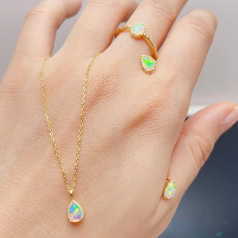 YINSAKI 925 Sterling Silver Natural Stone Waterdrop Opal Necklace 14K 18K Gold Plated Gem Stone Jewelry Set