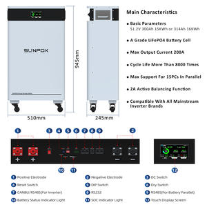 Batería de Litio SUNPOK <span class=keywords><strong>Powerwall</strong></span> 51.2V 300AH LifePO4, Batería de Iones de Litio de 15kwh con BMS Inteligente para Sistema de Energía Solar - Product Image 3