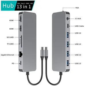 OEM ODM 13 en 1 Tipo C Hub dual HDTV + VGA + RJ45(1000Mbps)+ USB3.0 * 3 USB C estación de acoplamiento portátil adaptador divisor