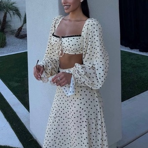 Custom Polka Dot 2 Piece <b>Set</b> <b>Square</b> Neck Puff Sleeve Front Tie Crop Top High Waist Split Maxi Skirt Vacation Matching Co Ord - Product Image 3