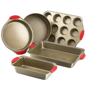 5 Buah Emas Antilengket Bakeware Set dengan Panci Kue, Cookie Sheet dengan Silikon Merah Pegangan Pegangan