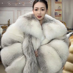 Manteau en vraie fourrure de renard croisé, chaud et moelleux, pour femme, épais, blanc, col châle large, mi-long, veste en fourrure véritable pour l'hiver - Product Image 6