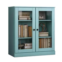 Bibliothèque à 3 étagères en bois à double porte avec portes en verre transparent, vitrine turquoise pour le salon et le bureau à domicile