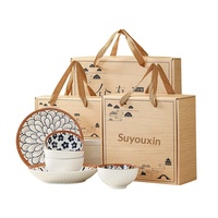 Ensemble de vaisselle en porcelaine de style japonais, boîte cadeau, motif végétal, bols, assiettes, ustensiles, kit pour le camping, utilisation au micro-ondes, vente en gros