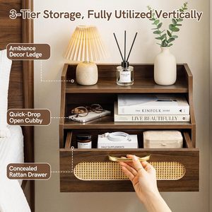 Mesita de Noche de Pared con Estante Superior Abierto, Cajón de Ratán con Tirador Dorado, MDF de Nogal Curvado en <span class=keywords><strong>3D</strong></span> - Product Image 5