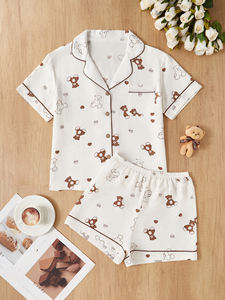 कारखाने थोक महिलाओं के ग्रीष्मकालीन लाउजेवियर सेट प्यारा दिल मुद्रित बटन-अप शीर्ष कैजुअल बुना हुआ कपड़े वसंत के लिए चमकदार नरम - Product Image 2