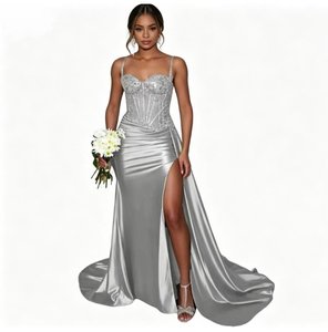 Nouvelle <span class=keywords><strong>robe</strong></span> <span class=keywords><strong>de</strong></span> bal longue sirène unie pour femme, sexy, à fines bretelles, avec appliques en dentelle, robes <span class=keywords><strong>de</strong></span> soirée élégantes à fente latérale - Product Image 4
