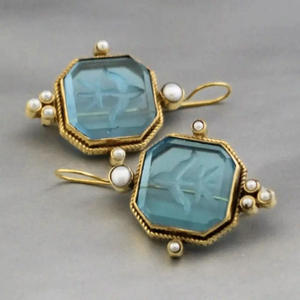 Psu Vintage Pendientes de piedra verde con forma de gota, chapados en oro, imitación de perla, joyería geométrica de moda para mujer - Product Image 4