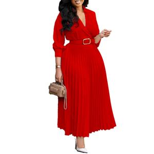 Vestidos Plisados de Color Sólido con Cinturón y Manga Cinco Cuartos para Mujer, Nueva Colección de Otoño, Venta al Por Mayor Personalizada - Product Image 3