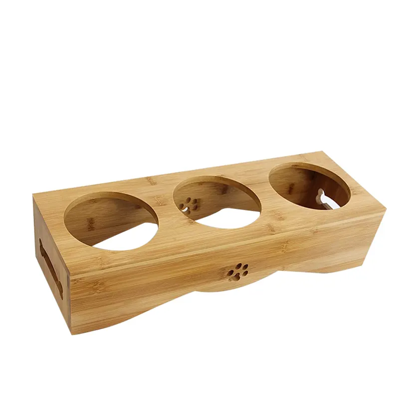 Alimentador Simple de bambú y madera, tres cuencos de altura fija, para <span class=keywords><strong>gatos</strong></span> y perros