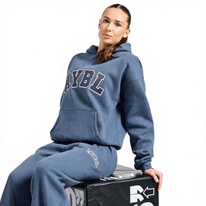 Sweat-shirt à capuche surdimensionné en molleton pour femme, imprimé lettres bleues, poche avant, coupe classique, pour l'automne - Product Image 1