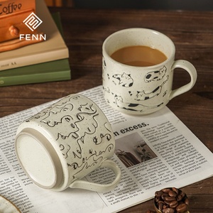 FENN Vente en gros de tasses à <span class=keywords><strong>café</strong></span> écologiques en céramique, tasse à <span class=keywords><strong>café</strong></span> rétro avec motif de chat en relief, tasse en porcelaine mouchetée empilable, tasse à lait - Product Image 5