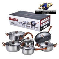 Peralatan Masak Stainless Steel Anti Lengket Modern 12 Buah Grosir Pabrik dengan Tutup Kaca dan Gagang Kayu 6 Tutup