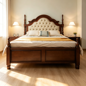Traditional Upholstered Wooden Bed Frame Queen Size Mahogany Solid Wood Soft Bed with Tufted Headboard and Spindle Posts - Product Image 3