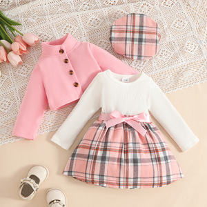 Ensemble Robe Automne-Hiver pour Filles de 0 à 3 <span class=keywords><strong>Ans</strong></span> avec Veste Manches Longues en Velours, Jupe à Carreaux Ceinturée et Béret – Ensemble Trois Pièces - Product Image 2