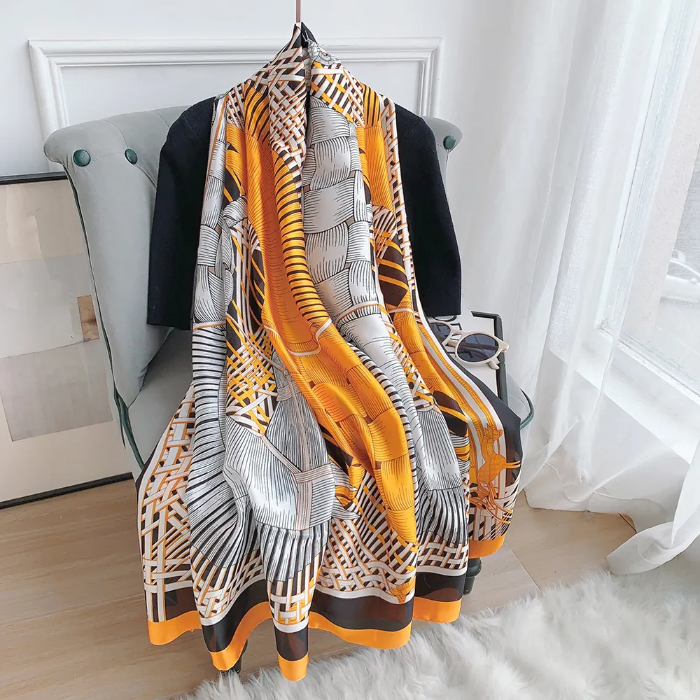 थोक फैशन मुस्लिम महिलाओं 90*180CM लंबे रेशमी मुद्रित foulard शॉल मुद्रित रेशम स्कार्फ महिला शॉल
