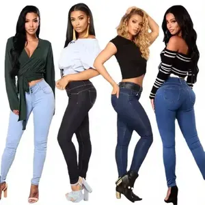 Celana Jeans pensil Skinny wanita, celana legging denim regang ramping pinggang tinggi