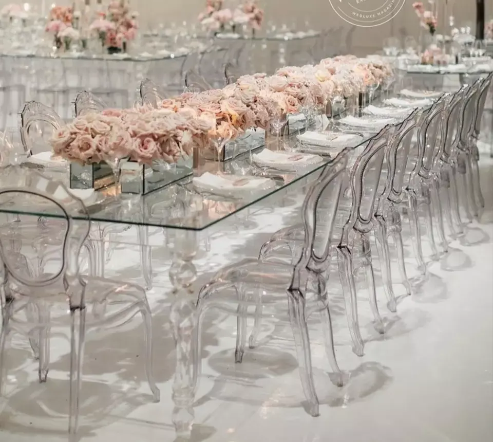 Mesa de comedor de acrílico transparente Escritorios de boda de acrílico Mesa de cristal Hotel Mesa de boda de acrílico