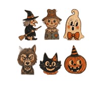 Adornos de madera vintage de Halloween pintados a mano: fantasma, murciélago, búho, gato negro, calabaza. Decoración de mesa estilo rústico americano, recuerdo de fiesta.