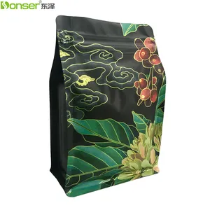 Bolsa de café RTS Low MOQ 100 Fábrica Respetuoso con el medio ambiente Fondo cuadrado Impresión digital Fondo plano Válvula de bolsa de café para envasado de alimentos