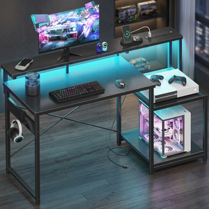 Adjustable <b>Metal</b> Modern Computer Desk with LED Lamp Power Outlet -Storage & Display Shelves Headphone Slot - Product Image 4