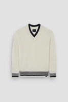 Pull de tennis classique pour homme à col en V avec rayures bleu marine, style cricket, en mélange de coton et de cachemire fin