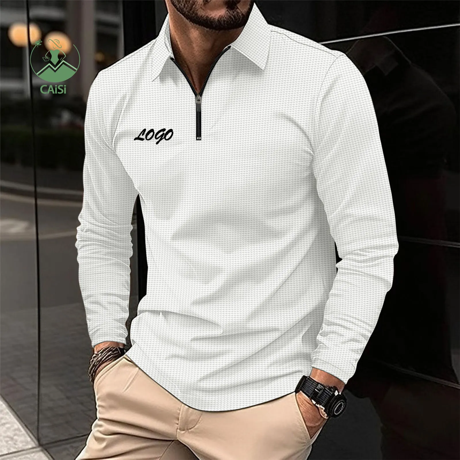 Custom Heren Polo T-Shirts Rits Wafel Lente Lange Mouw Polo T Shirts Casual Sport Tee Tops Voor Heren