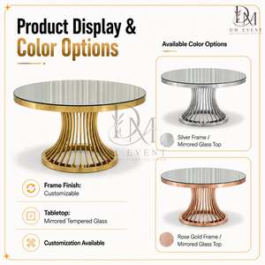 Table de mariage ronde sur piétement en acier inoxydable doré personnalisé avec plateau en verre trempé miroir pour la location événementielle - Product Image 4