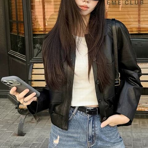 HN000002 Women's Genuine Leather Jacket Deer Grain Goatskin Waist Slim Short Coat for Daily Wear