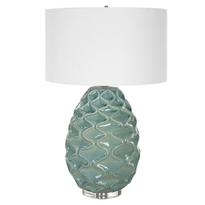 Lampe de table artisanale moderne en céramique blanche ondulée à nervures avec base argentée |   Éclairage Sculptural Minimaliste pour Hôtel et Café - Product Image 5