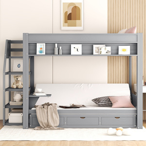 Gray Multi-functional Bunk Bed With <b>Storage</b> Drawers And Lower Sofa For <b>Kids</b> Bedroom - Product Image 3