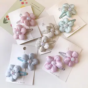New macaron pearl hair clip point cloth art with cotton pearl flower children's BB clip hair accessories not hurt hair
