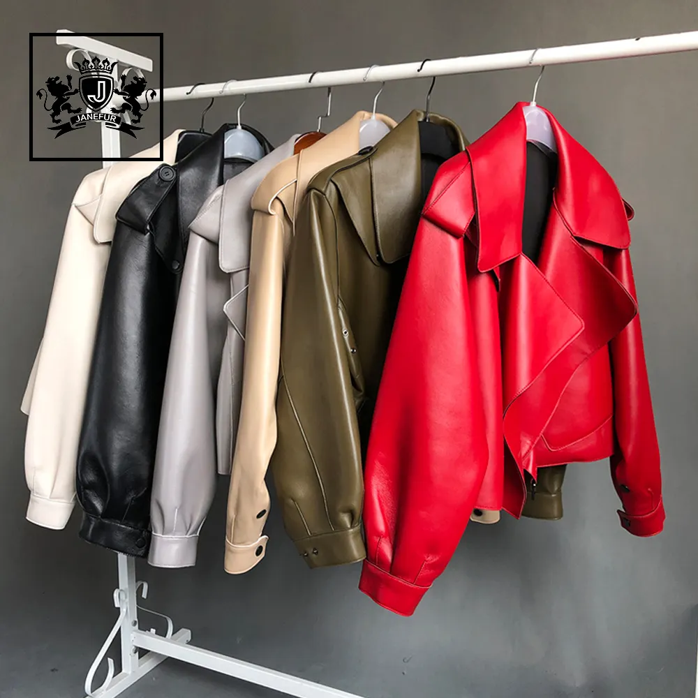 Fashion Style Red Black Khaki Olive Green White Gray Motorbike Genuine Women Leather Motorcycle Sheepskin Jacket Top