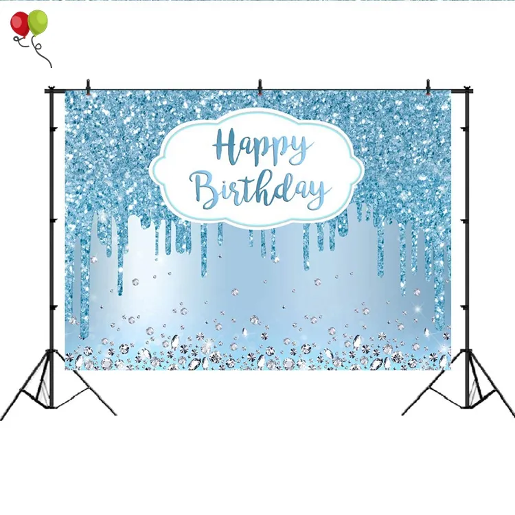 Happy Birthday Party Backdrop Sky Blue and Silver Diamonds Women Birthday Background Sweet 16 18th 21th Party Decor H0240