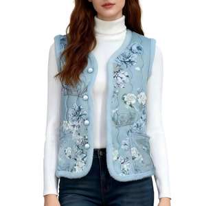 Elegante <span class=keywords><strong>Chaleco</strong></span> de Invierno de Inspiración China, Estampado Floral Azul Claro con Ribete de Terciopelo Suave, Ropa Casual para Reuniones para Mujeres de Mediana Edad - Product Image 3