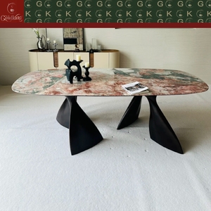 Table à manger ovale en marbre rose GOLDKING Quatre Saisons avec base en métal noir mat à trois cônes pour maison moderne OEM ODM Direct - Product Image 2