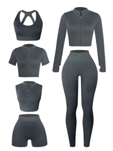 Ensemble de yoga 6 pièces couleur unie : Crop top, Leggings taille haute, Brassière de sport dos nageur en Spandex et Coton respirant - Product Image 3